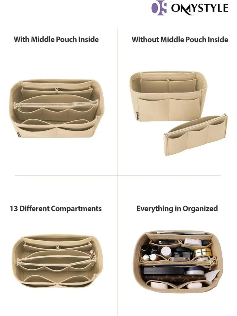 Felt Purse Organizer Insert with 5 Sizes - Handbag Dividers for Tote Bags